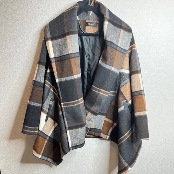 CHICWISH Womens  Shawl Collar Neutral Check Asymmetric Hemline Wool Blend Coat - Picture 2 of 9